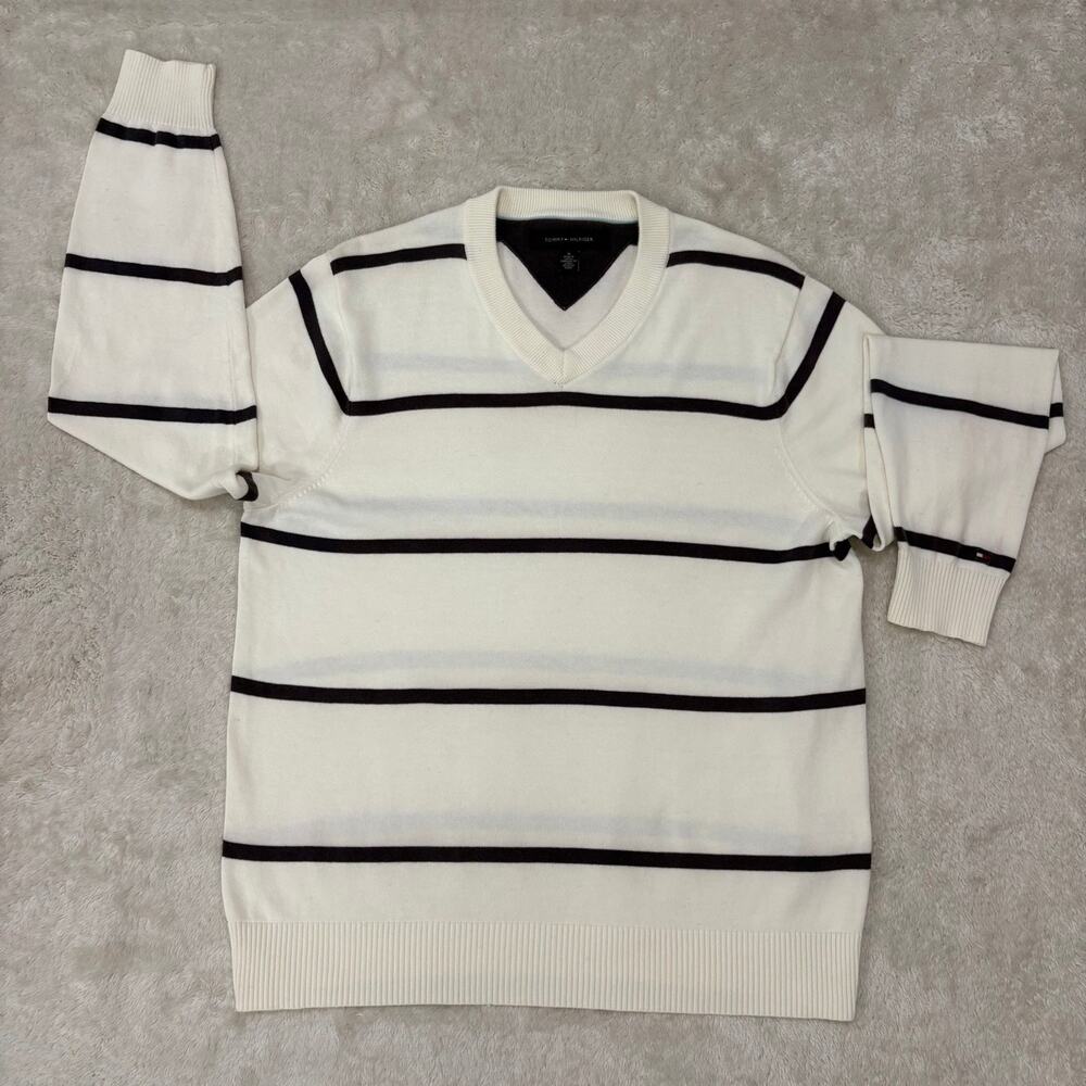 Tommy Hilfiger Mens M White Navy Striped V Neck Sweater 100% Cotton Preppy